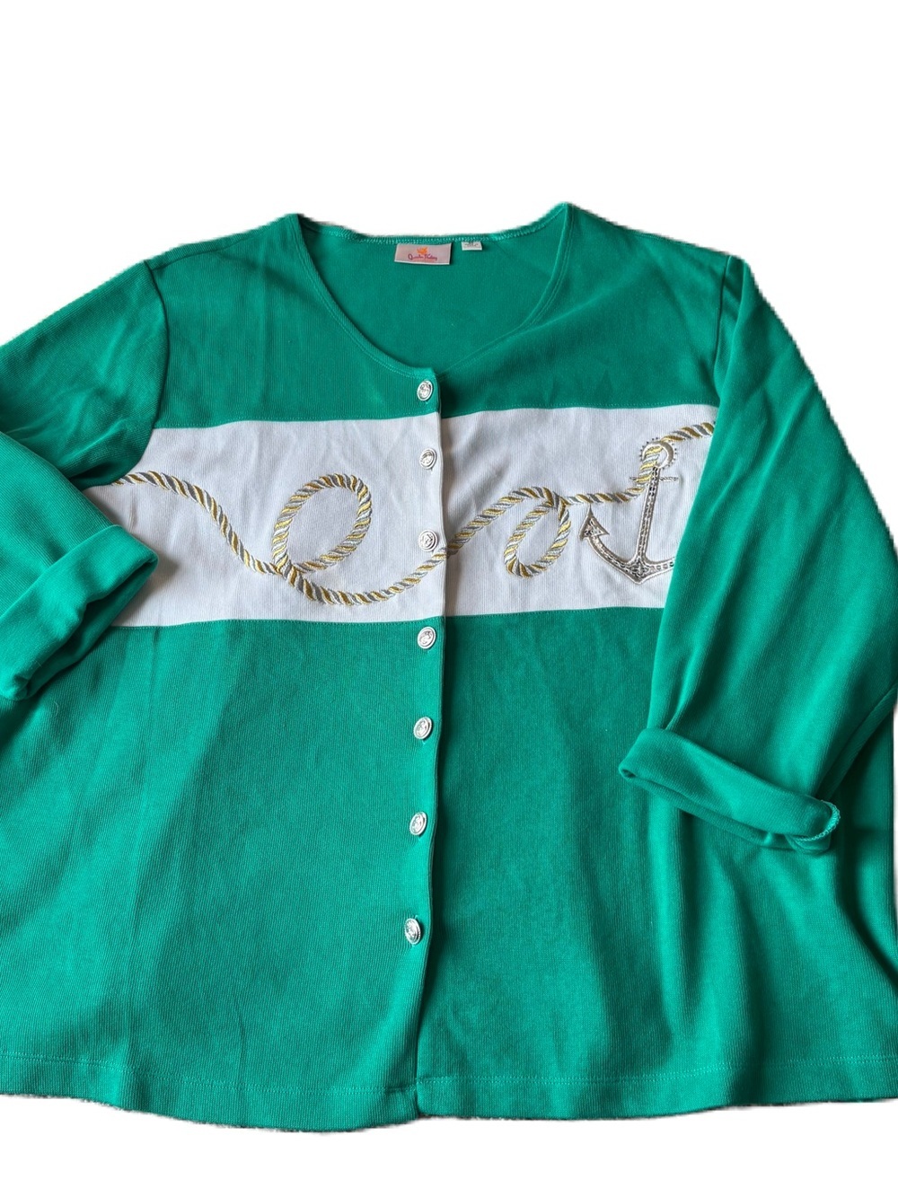 Quacker Factory Nautical Embroidered Green White Rope Cardigan 3X Sweater Anchor